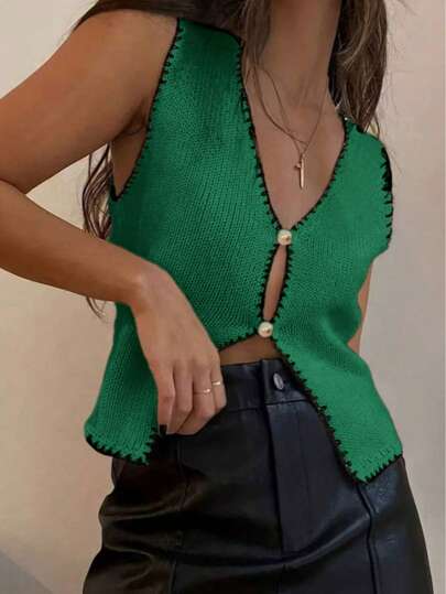 Colete suéter leve feminino primavera/verão, casual, com acabamento contrastante, sem mangas, com botões abertos, de malha, Y2K, diário, deslocamento, compras, praia, lazer e simplicidade, festival de música, festa na piscina ao ar livre, rua/4 de julho/formatura