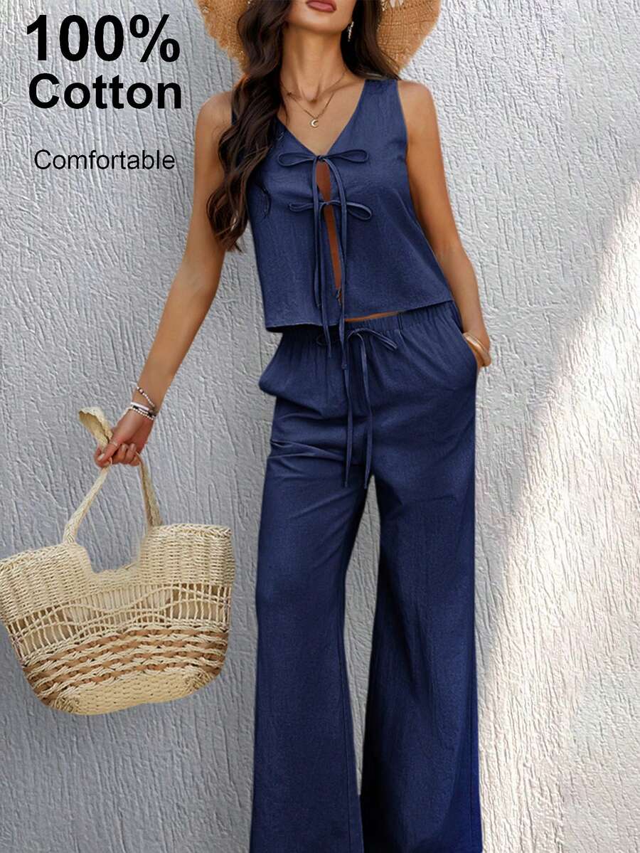 2 件套女士夏季纯色无袖前系带衬衫和阔腿裤棉质休闲套装 - 藏蓝色 - 查看 1