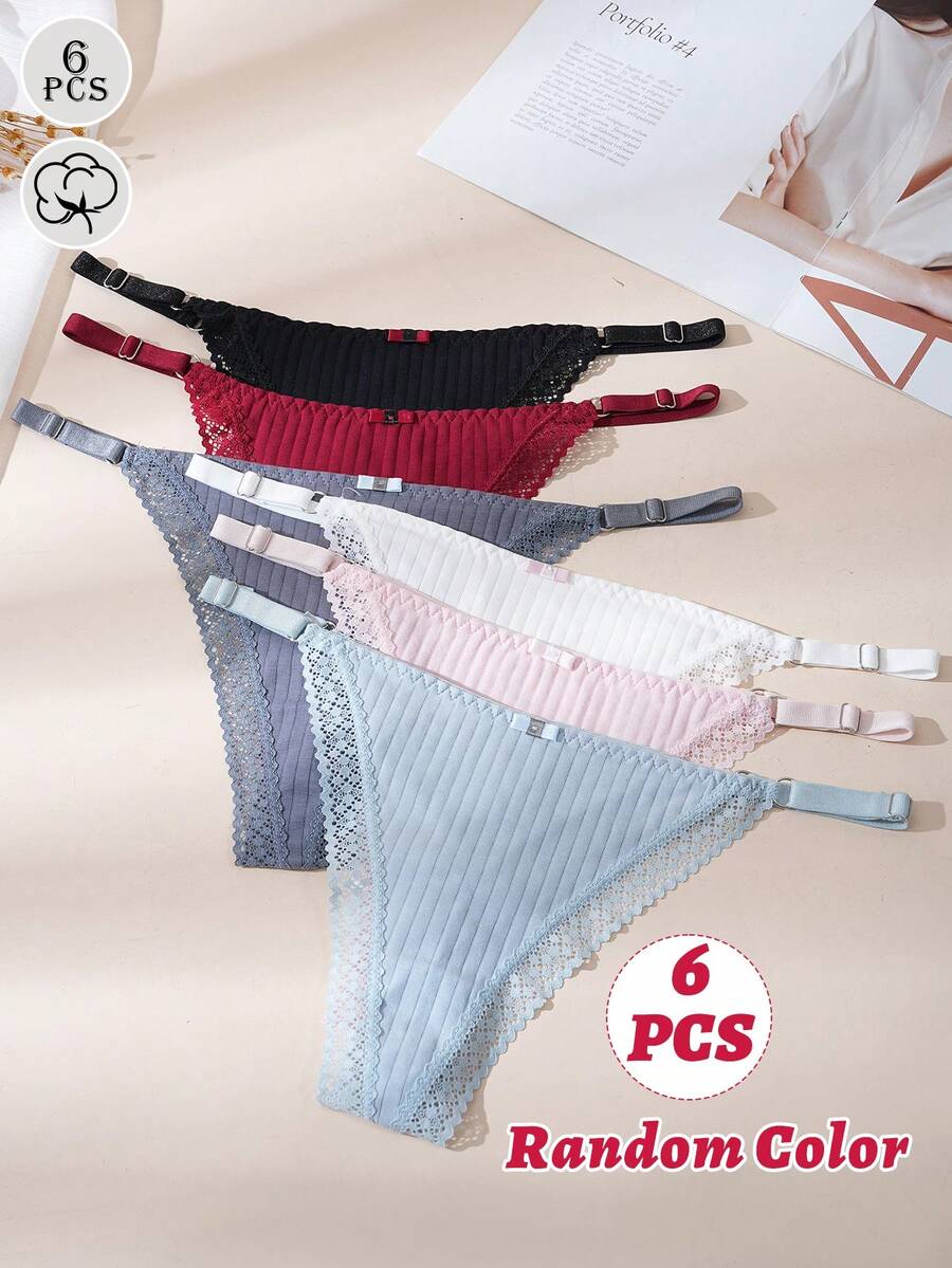 6条装 随机颜色 女士棉质丁字裤 可调节丁字裤 蕾丝内裤 女式低腰比基尼内裤 S-XL - 彩色 - 查看 1