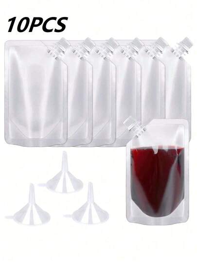 10Pcs -Plastic Bottles Hidden Reusable Beverage Bag,Water Storage Bag With 1 Funnel,8 Oz Hidden Design Reusable Beverage Bags,Leak-Proof Plastic,Travel Wine Bottle Set,Suitable For Travel And Outdoor Sports,Concealable And Reusable Foldable Wine Bottle,Wine Flask,Travel Plastic Wine Bottle For Alcohol,Juice,Beverage,Wine Bag