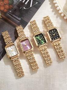 女士时尚方形手表金色合金表带2025奢华女士石英腕表品质女式罗马刻度钟 - 銀色 - 查看 3