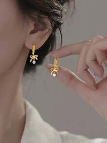 1 Pair 925 Sterling Silver Bowknot Water Drop Hoop Earrings, Delicate Luxury Elegant Sweet Daily Earrings, Fresh Elegant Versatile Jewelry Gift - Bow - View 4