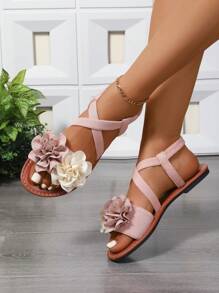 1 par de sandalias planas con tira de tobillo, decoración de flores, de verano, ligeras y casuales para adolescentes