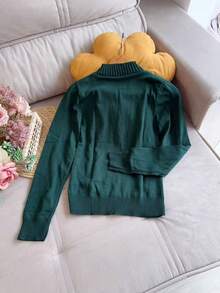 Basic Knitted Cold Weather Blouse Round Neck Sweater Women's Fashion - Green - View 2