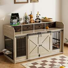 Advwin 63" Wooden Double Dog Crate Furniture With Drawers, Divider, Sliding Doors And Dual Feeding Stations, TV Stand Dog Kennel For 2 Small/Medium Dogs - Light Brown - View 8