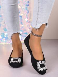 Pointed Toe Slip-On Flats For Women, Spring 2025 New Arrivals, Square Buckle Crystal Decor, Suitable To Wear With Dress, Soft Bottom Work Shoes, Elegant And Comfortable - Simple and Elegant Black - View 3