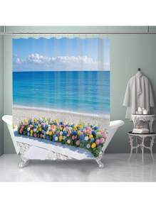 1pc/4pcs Marine Beach Flower Arch Print Multifunctional Bathroom Shower Curtain Set With 12 Hooks, Anti-Slip Bath Mat, U-Shape Toilet Mat, Round Toilet Lid Cover, Full Bathroom Set For All Scenarios Bathroom Accessories Back To School