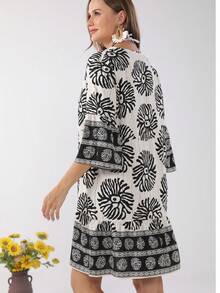 Vestido Cover Up Con Estampado De Manga Acampanadas Con Cordón - Negro - Ver 7