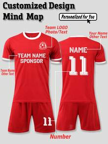 2pcs Personalized Men's Soccer Jersey- Customized Club Name,Number And Logo Print Short Sleeve T-Shirt+Shorts Training Sports Set Spring/Summer - Red - View 1