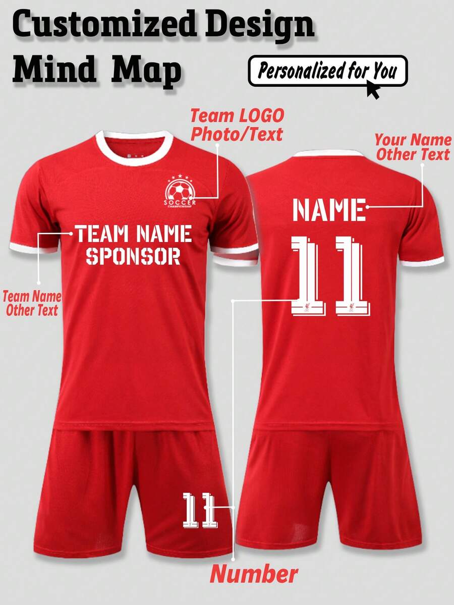 2pcs Personalized Men's Soccer Jersey- Customized Club Name,Number And Logo Print Short Sleeve T-Shirt+Shorts Training Sports Set Spring/Summer - Red - View 1