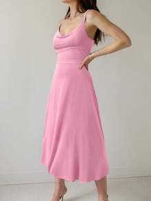 Vestido largo elegante con cuello drapeado, espalda descubierta y cintura ceñida - Rosa - Ver 4