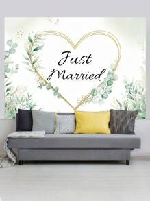 1pc Just Married Wedding Photography Backdrops Heart Shaped Watercolor Flowers Green Leaves Photo Background 59.1*39.4/82.7*59.1/106.3*70.9 Inches Indoor Outdoor Groom Bride Party Banner Romantic Bridal Couple Decoration Supplies