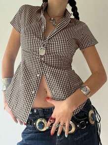 BabeHome Autumn Women's Y2K Back To School Slim Lapel Short-Sleeved Button Design Khaki Academy Shirt Top