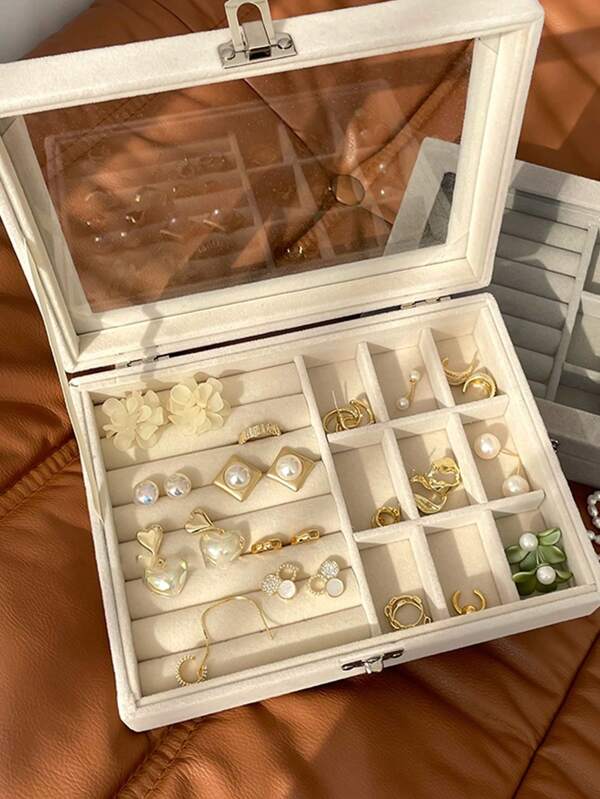 1pc Multi-Grid Jewelry Storage Box, Modern Fabric Dust-Proof Jewelry Box For Desk Valentine Day
