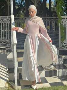 1件女士时尚双色渐变睡袍，柔和春日色调长袖，端庄得体