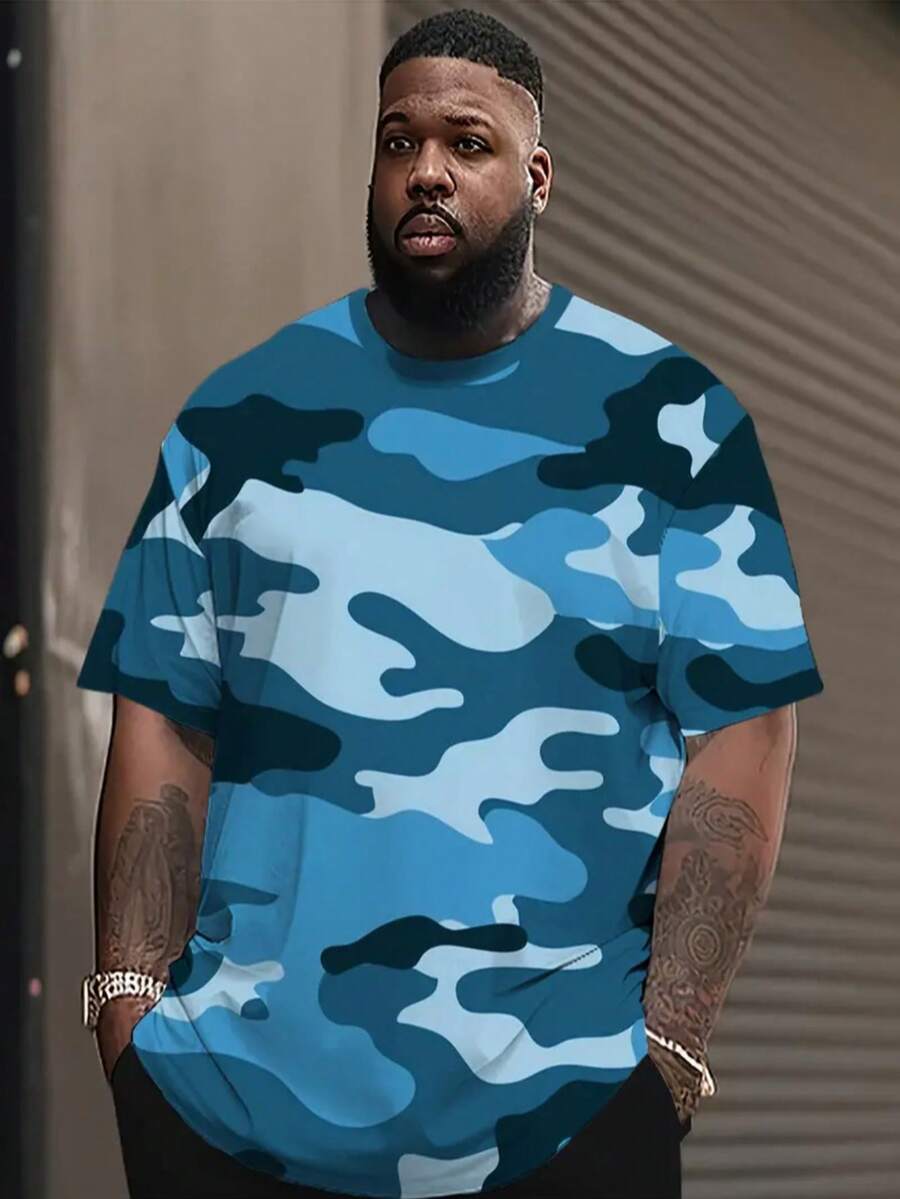 Plus Size Camouflage Blue Men's T-Shirt, Breathable Outdoor Sports Round Neck Short Sleeve, Suitable For Plus Size Vacation Tee - Multicolor - View 1
