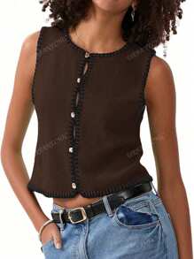 Women's Spring/Summer Women Lightweight Cardigans Tops Casual Color Contrast Bordered Sleeveless Cardigan Knitted Vest,Y2K,Daily, Commuting, Shopping, Beach, Leisure And Simple/Fall Women Clothes/Y2k Tops Y2k/Streetwear/Punk