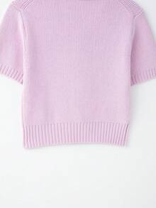 ZEVITY Bow Decor Solid Color Casual Short Sleeve Knit Sweater - Pink - View 7