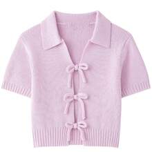 ZEVITY Bow Decor Solid Color Casual Short Sleeve Knit Sweater - Pink - View 1