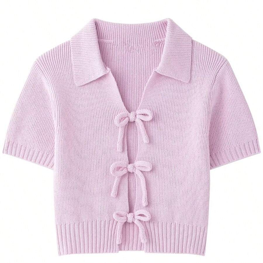 ZEVITY Bow Decor Solid Color Casual Short Sleeve Knit Sweater - Pink - View 1