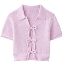 ZEVITY Bow Decor Solid Color Casual Short Sleeve Knit Sweater