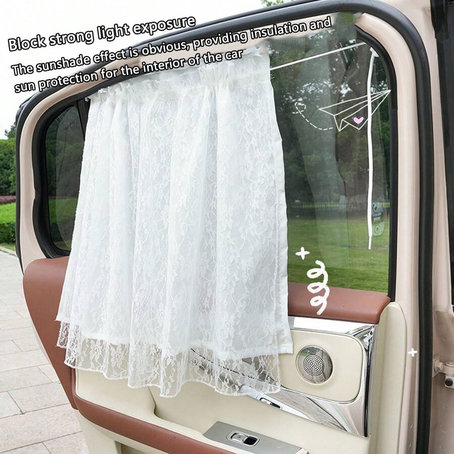 1pc Lace Car Sunshade, Fits Front & Rear Windows, Sunscreen & Heat Insulation, Hanging Style Side Curtain, Double Layer Car Sunshade
