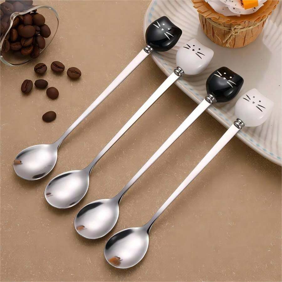 1 chiếc thìa cà phê bằng thép không gỉ hình mèo bằng gốm sáng tạo dễ thương, thìa khuấy mật ong, thìa cán dài cho cốc, thìa tráng miệng bằng thép không gỉ đồ dùng học tập - màu đen - Xem 1