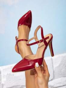 1 Pair Women's Solid Color Commute PU Leather Buckle Red Shoes, Suitable For Party, All Season