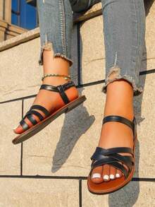 女士平底厚底交叉可调节带纯色凉鞋，百搭宽松休闲舒适轻便简约优雅沙滩鞋 - 黑色 - 查看 5