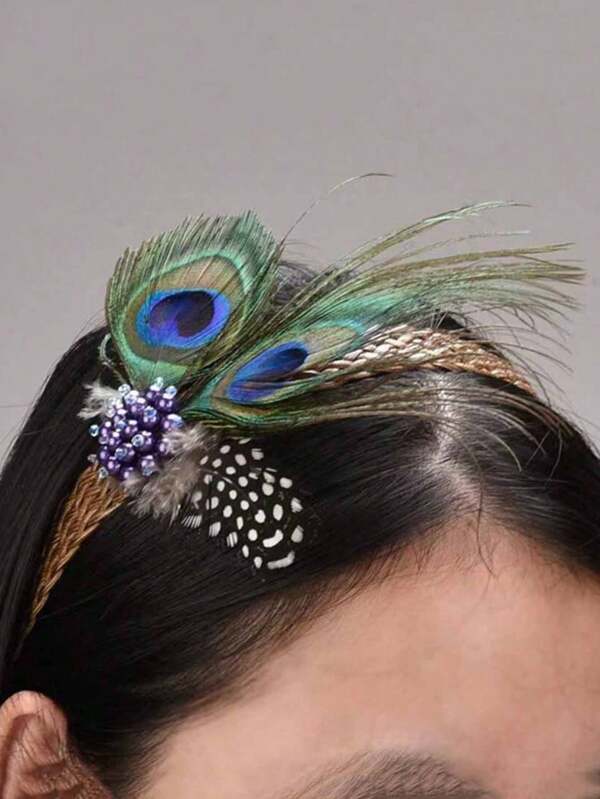 1 pieza Diadema/Pasador de pelo de plumas de pavo real de poliéster, accesorio para la cabeza de fiesta de Halloween