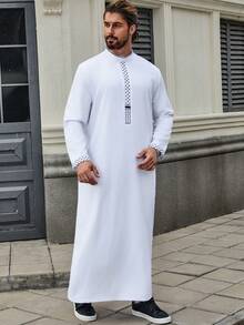 Áo choàng cổ đứng đơn giản màu trắng giản dị dành cho nam, chất liệu polyester cao cấp, thêu sọc đen, áo choàng nam thanh lịch - trắng - Xem 4