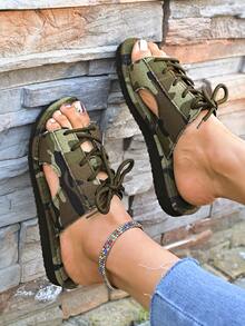 女士新款系带平底拖鞋，时尚军绿色凉鞋，防滑沙滩拖鞋，多功能休闲轻便软底透气人字拖 - 軍綠色 - 查看 2