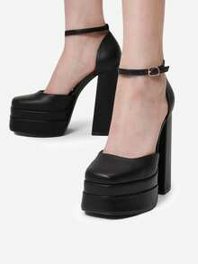 Zapatos de tacón alto y grueso con plataforma y punta cerrada para mujer, con tiras al tobillo y punta cuadrada, para boda, fiesta y graduación - Negro - Ver 7