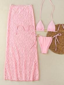 3件套优雅纯色性感女士比基尼套装