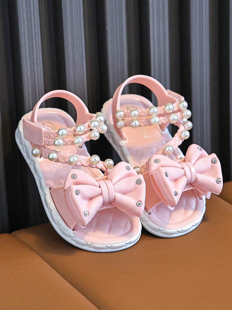 1 Pair Pink Pearl Crystal Decorated Girls Children Summer Beach Sandals For Toddlers - Pink - View 1