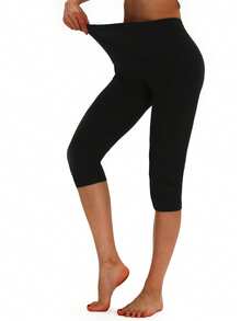 3条装女士弹力修身七分裤，柔软舒适纯棉休闲健身运动跑步户外瑜伽裤，适合日常穿着，舒适保暖 - 黑色 - 查看 5