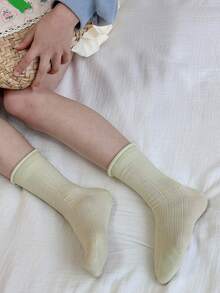 Girls' Mesh Cuff Mid-Calf Socks, Solid Color Sheer Dress Socks For Spring/Summer - Multicolor - View 7