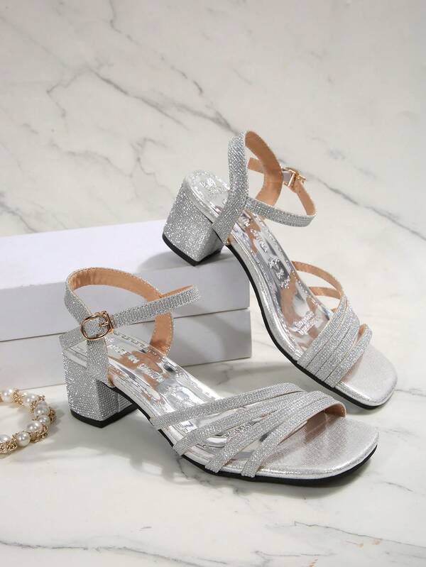 Sandálias de salto médio com strass da moda feminina, sapatos de salto quadrado estilo fada para dançar