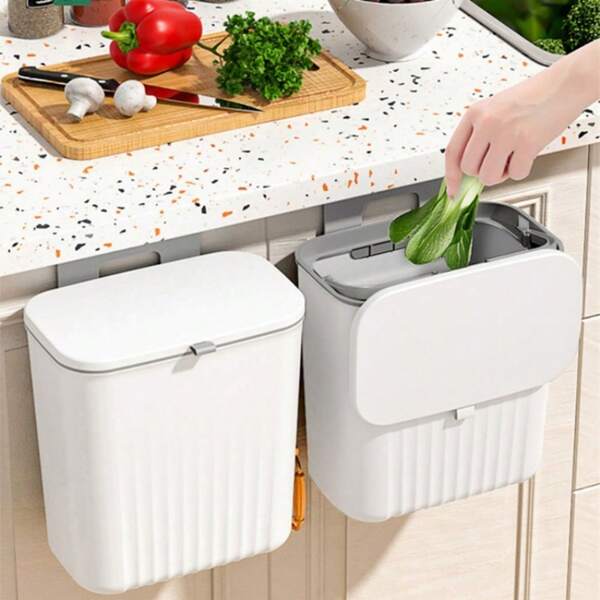 Trash Can, Stylish, Kitchen, Wall-Mounted Trash Can, With Lid, Wall-Mounted, 9L, Wide Mouth, Wall-Mounted, Hanging, With Lid, Food Waste, Simple, For Kitchen Counter, Sink Door, Drawer, Kitchen, Office, Washroom