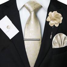 1/2/3/4/5件組 男士佩斯利印花領帶套裝，絲綢緞面領帶、銀色領帶夾、口袋巾、袖扣與胸花西裝配件組，經典佩斯利圖案搭配燕尾服，適用於父親節、週年紀念、生日及商務等場合 - 香檳色 - 查看 16