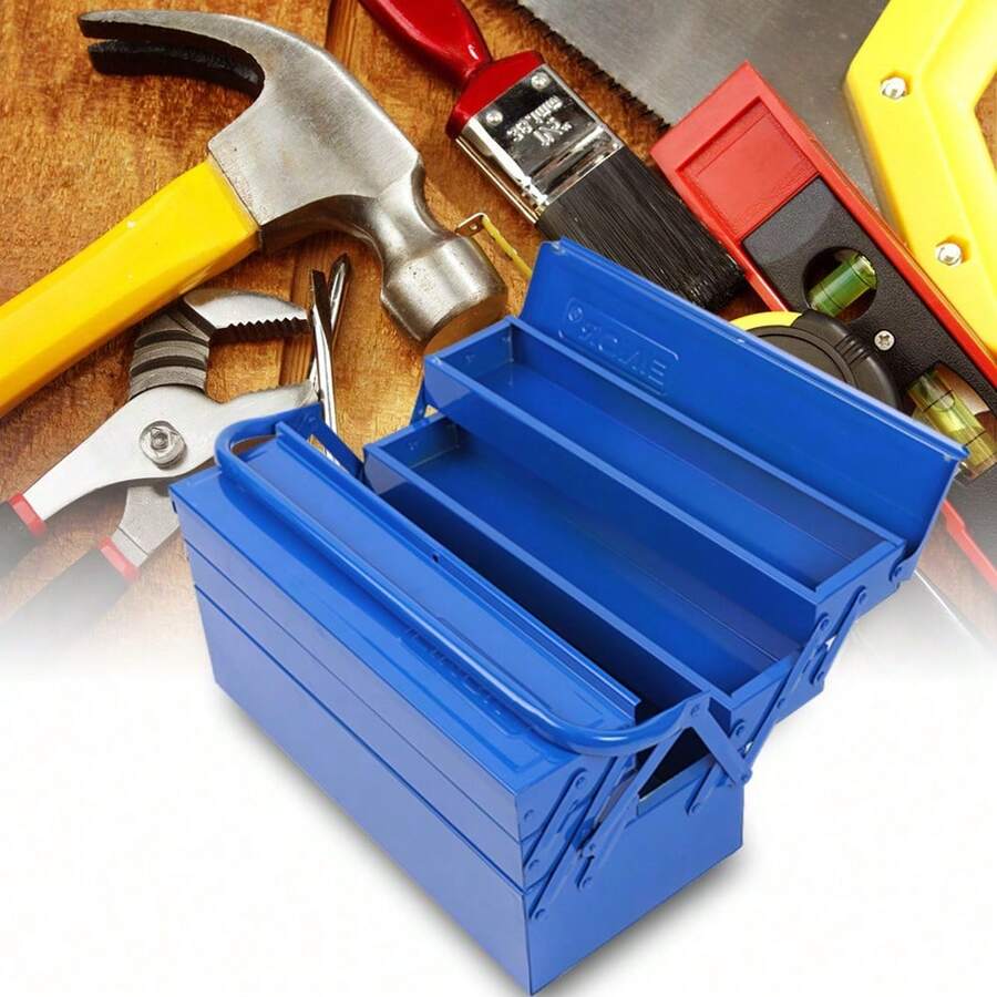 HaroldDol Ordentliche Metall Werkzeugkiste 400x200x210mm mit klappbarer Werkzeugaufbewahrung, 2 Ebenen, 3 Ablagen und Griff für Autoreparaturen - Blau - Übersicht 1