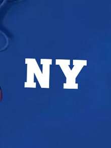 Sudadera con capucha casual y deportiva con un motivo de letras para hombre, pullover versátil con texto y forro térmico - Azul - Ver 6