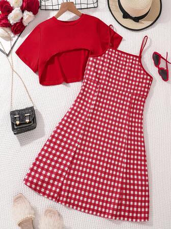 少女优雅甜美格子裙吊带背心两件套夏季