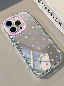 1pc Colorful Polka Dot "LUCKY" English Mirror Phone Case With Makeup Mirror, 1.5mm PC Hard Shell 2-In-1 Full Coverage Airbag Anti-Drop Contrast Color Lens Ring, Suitable For IPhone 16 Pro Max/15 Plus/14/13/12/11/16E/IPhone 17/17 Pro/17 Air/17 Pro Max