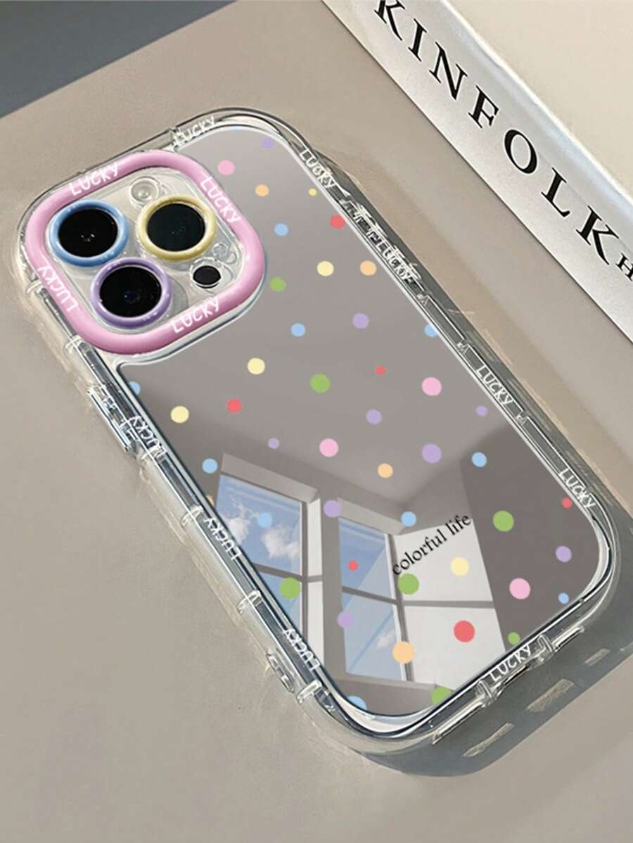 1pc Colorful Polka Dot "LUCKY" English Mirror Phone Case With Makeup Mirror, 1.5mm PC Hard Shell 2-In-1 Full Coverage Airbag Anti-Drop Contrast Color Lens Ring, Suitable For IPhone 16 Pro Max/15 Plus/14/13/12/11/16E/IPhone 17/17 Pro/17 Air/17 Pro Max