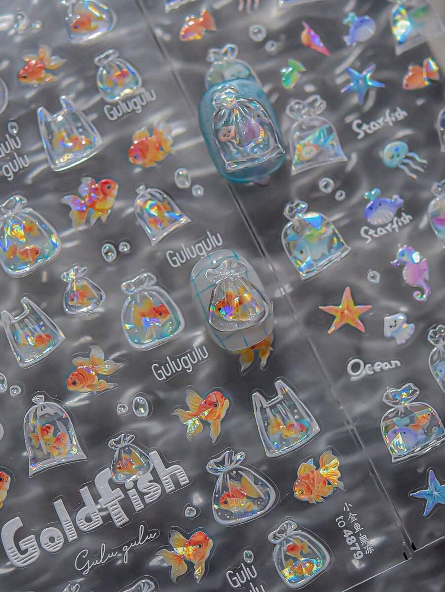 1pc 5D Shining Jellyfish Nail Stickers With High Quality And Exquisite Colors, Summer Marine Life Sliding Nail Art Decorative Stickers