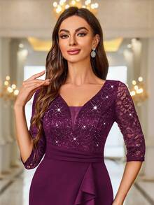 MIUSOL Deep V-Neck Sequin Floral Lace Ruffle Trim Cocktail Party Bodycon Dress - Maroon - View 8