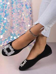 Pointed Toe Slip-On Flats For Women, Spring 2025 New Arrivals, Square Buckle Crystal Decor, Suitable To Wear With Dress, Soft Bottom Work Shoes, Elegant And Comfortable - Simple and Elegant Black - View 1