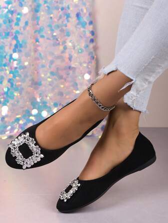 Pointed Toe Slip-On Flats For Women, Spring 2025 New Arrivals, Square Buckle Crystal Decor, Suitable To Wear With Dress, Soft Bottom Work Shoes, Elegant And Comfortable