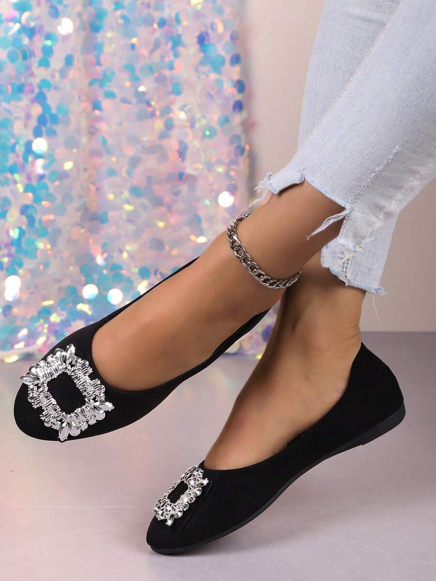 Pointed Toe Slip-On Flats For Women, Spring 2025 New Arrivals, Square Buckle Crystal Decor, Suitable To Wear With Dress, Soft Bottom Work Shoes, Elegant And Comfortable - Simple and Elegant Black - View 1